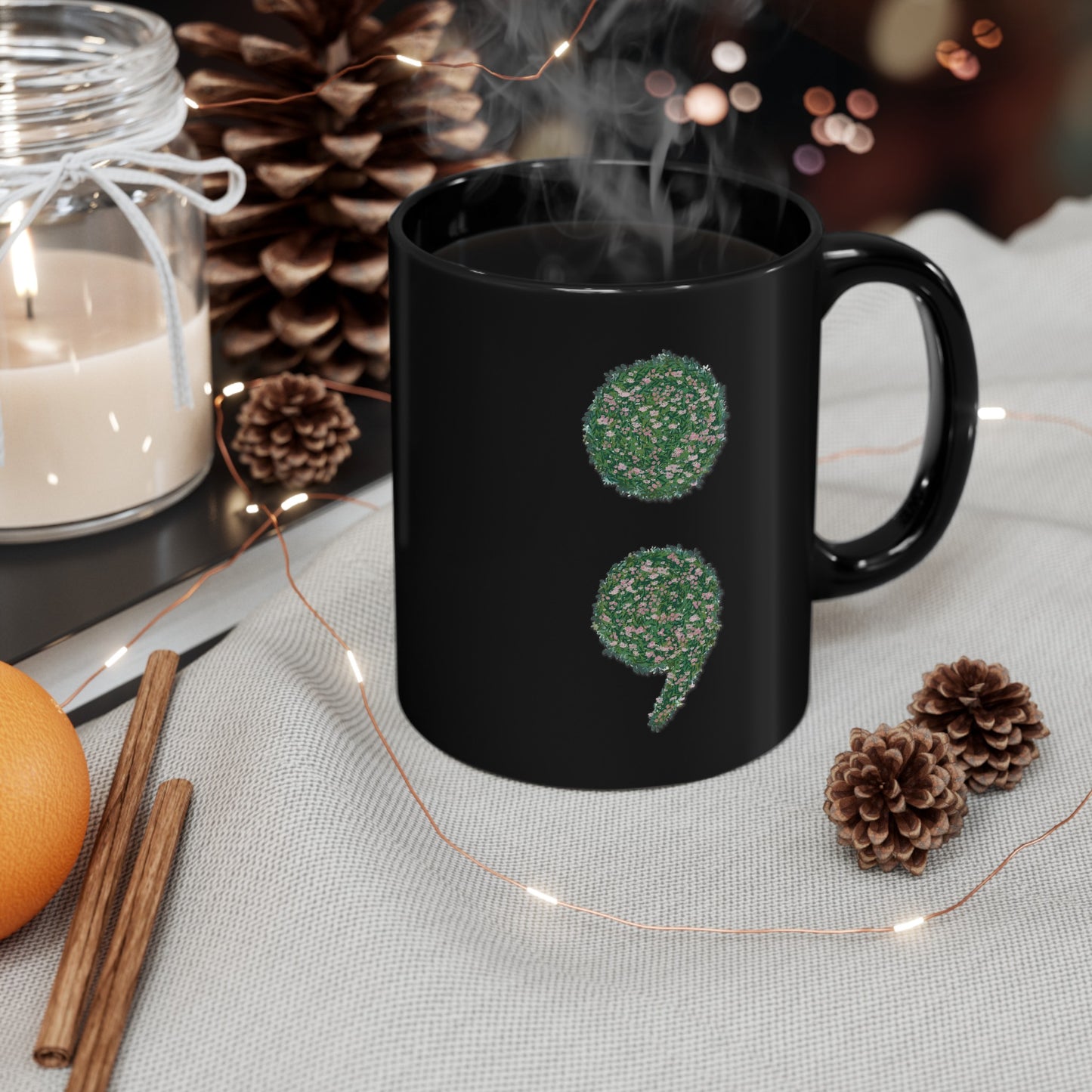 Flowers Semi-Colon Black Mug (11oz, 15oz)