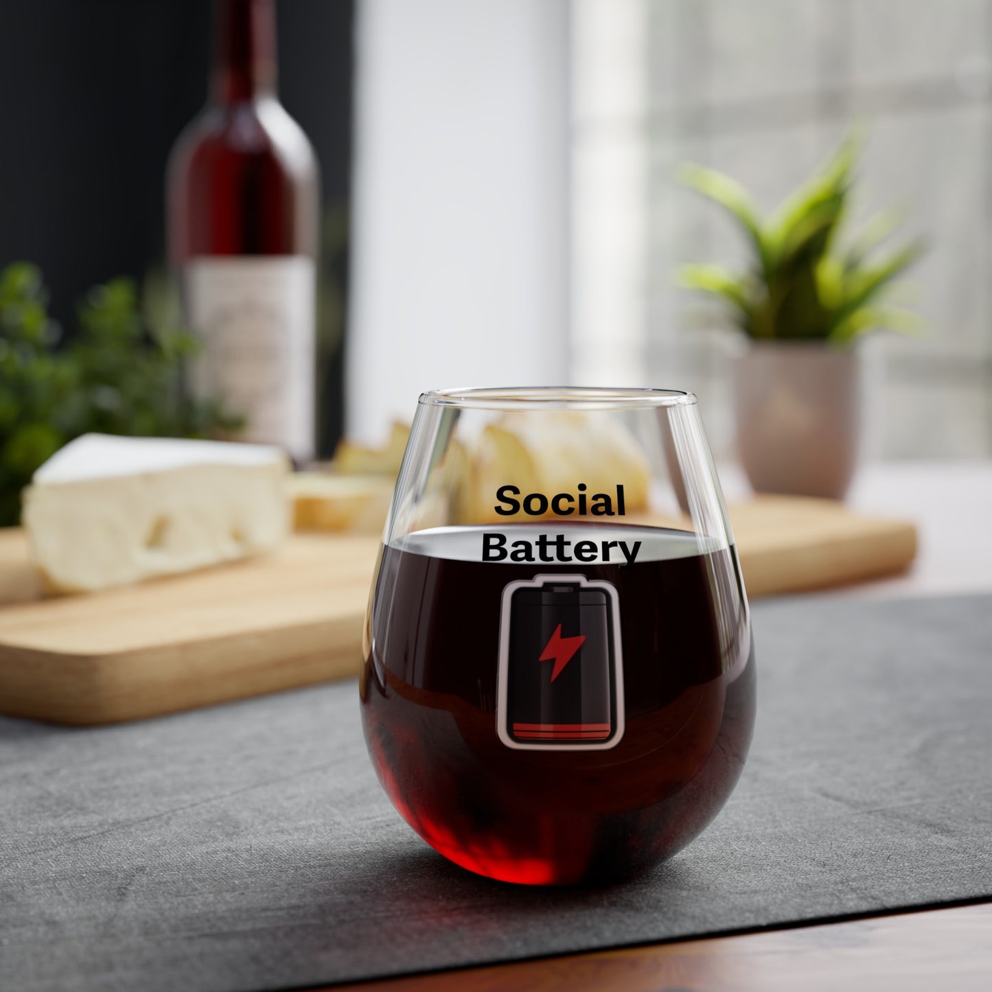 Social Battery Low 12oz Stemless Wine Glass