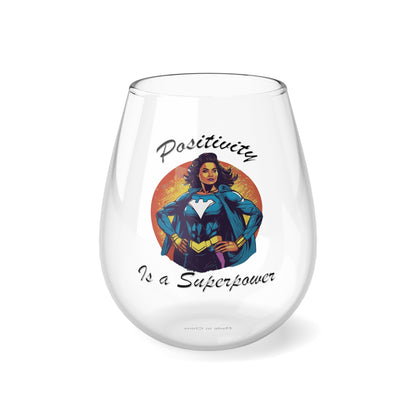 Positivity is a Superpower Female Superhero 12oz Stemless Wine Glass