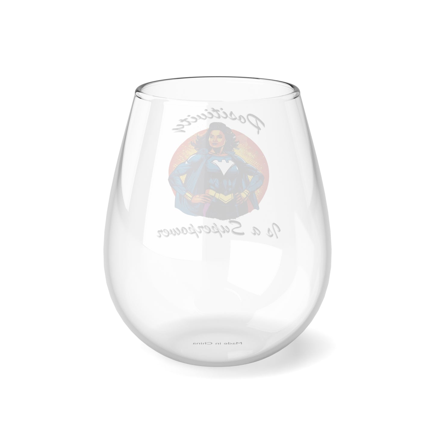 Positivity is a Superpower Female Superhero 12oz Stemless Wine Glass